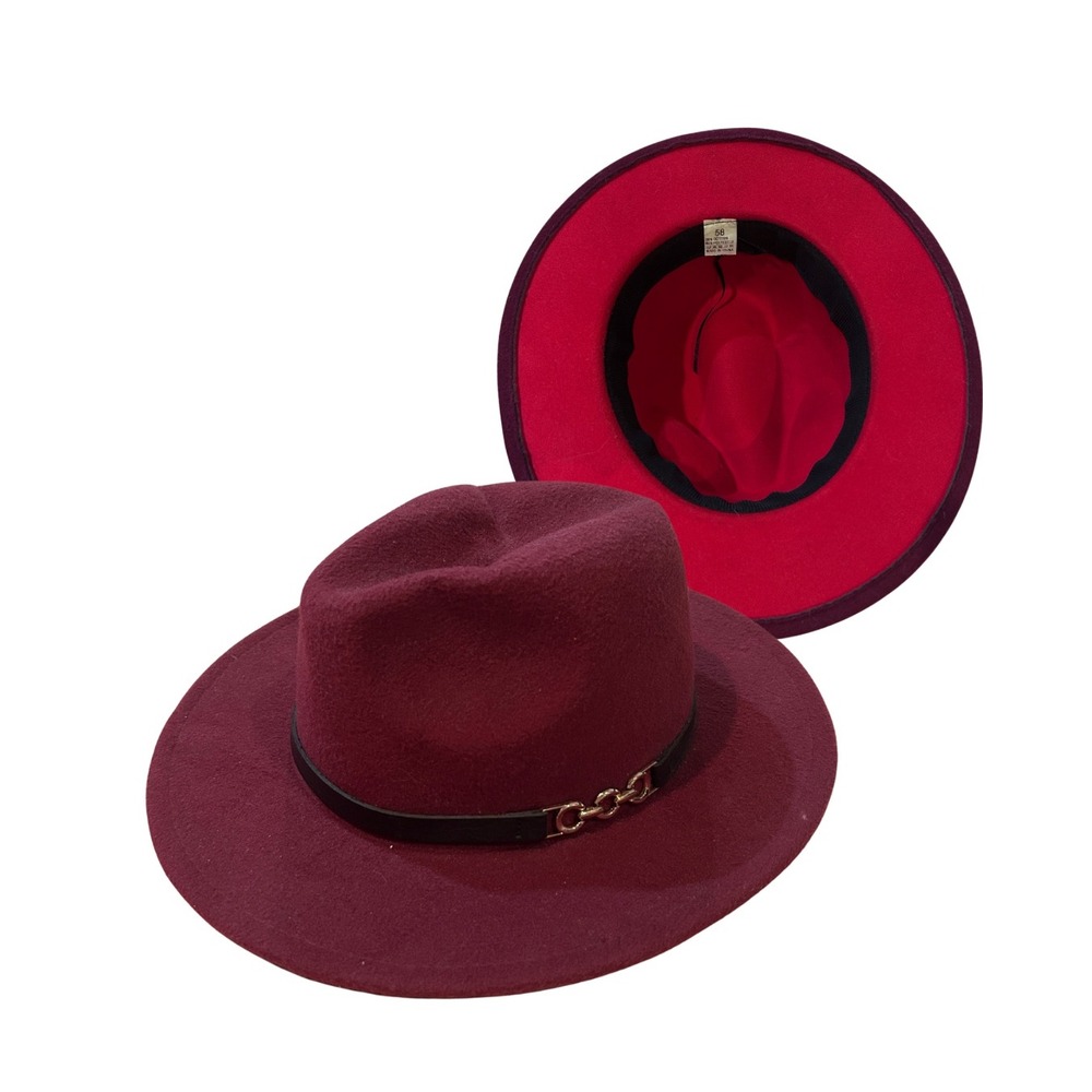 Burgundy Fedora Hat with Gold Chain Accent - Wide Brim Formal Dress Hat